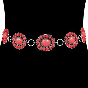 Silver & Red Boho Vintage Western Stone Concho Statement Belt